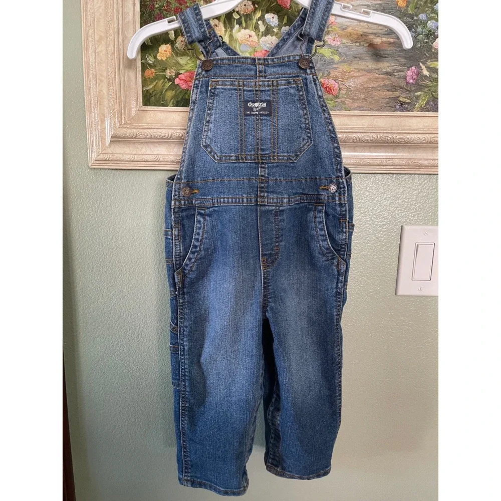 OshKosh B'Gosh Blue Denim Toddler Overalls Kids Size 24M Vestbak EST 1895 Used